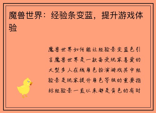 魔兽世界：经验条变蓝，提升游戏体验